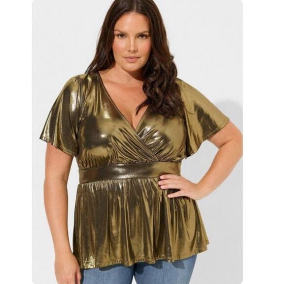 Torrid Gold Liquid Shine Surplice Peplum Top - Picture 1 of 10